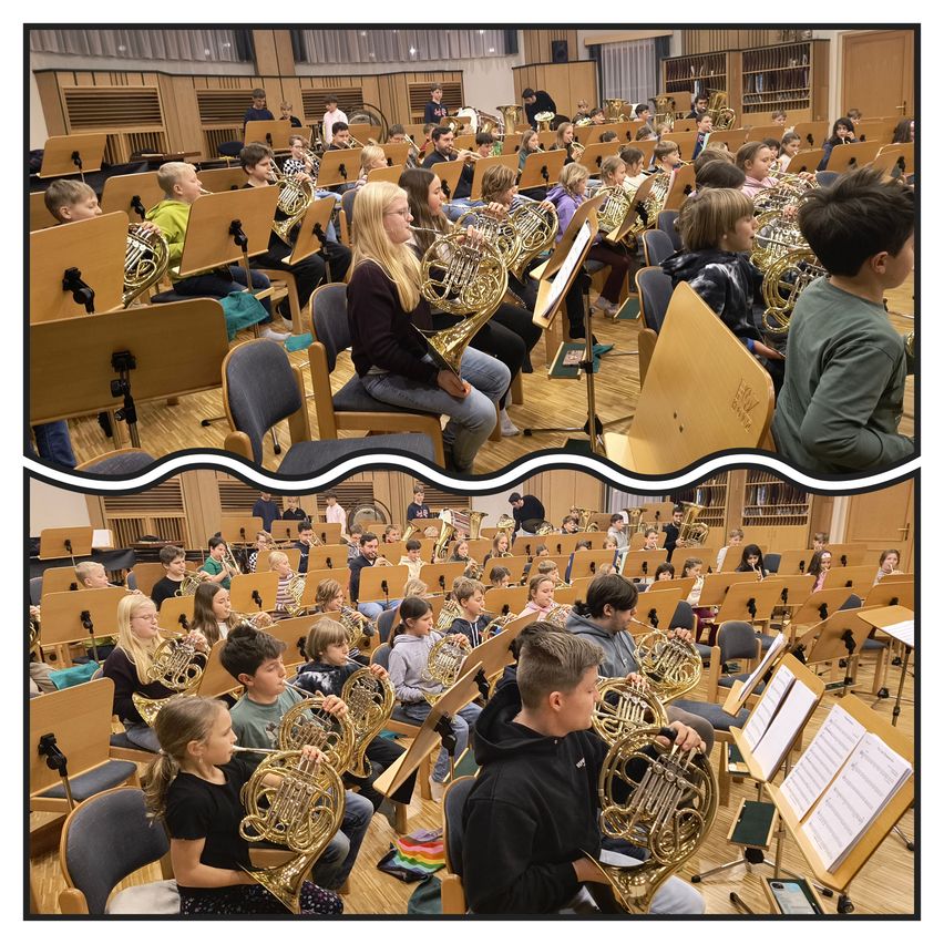 Eine Gruppe von Kindern und Jugendlichen sitzt in Reihen und spielt französische Hörner und andere Instrumente. Der Saal ist gut beleuchtet, und sie konzentrieren sich auf ihre Musikblätter.