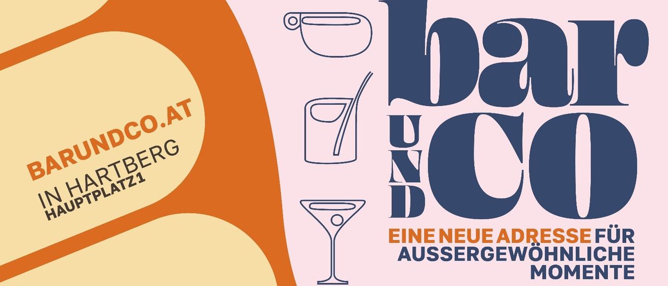 Illustrationen eines Bechers, Messbechers und Cocktailglases mit dem Text 'BAT UND C' darüber und 'EINE NEUE AUSSERGE' darunter auf einem rosa Hintergrund.