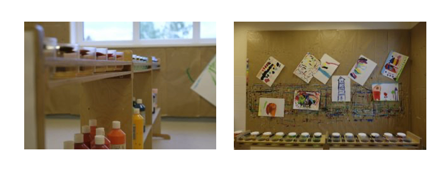 Zwei Bilder eines Raumes, eines mit einem Holzregal voller Farbflaschen und das andere mit einer Wand, die Kinderkunstwerke zeigt.