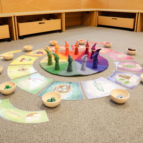 Ein Klassenzimmer mit einem bunten Kreis auf dem Boden, der verschiedene Figuren und Schüsseln mit Bohnen sowie Illustrationen von Jahreszeitenelementen zeigt.