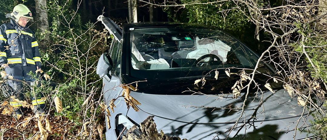 Ein beschädigtes Auto steckt im Wald fest, mit der Front in einen Baumstumpf gekracht. Die Motorhaube ist offen, und der Fahrersitz ist leer.