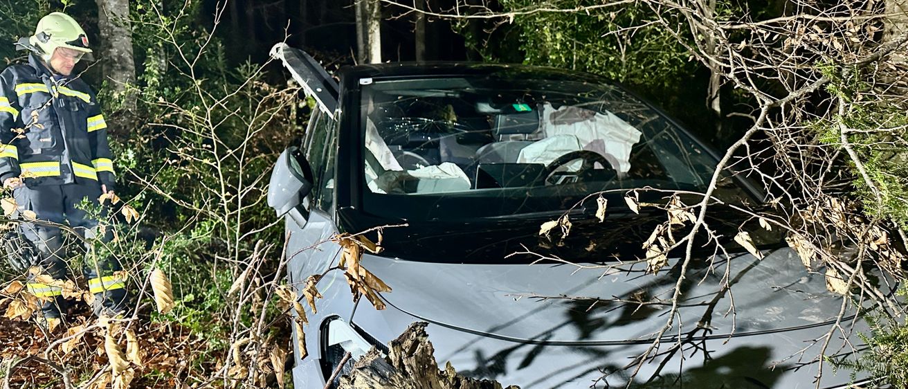 Ein beschädigtes Auto steckt im Wald fest, mit der Front in einen Baumstumpf gekracht. Die Motorhaube ist offen, und der Fahrersitz ist leer.