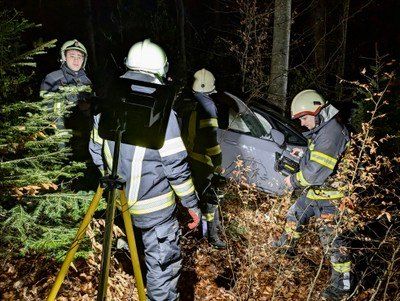 Vier Feuerwehrleute in Schutzkleidung arbeiten nachts im Wald, einer untersucht ein beschädigtes Auto, während andere helfen.
