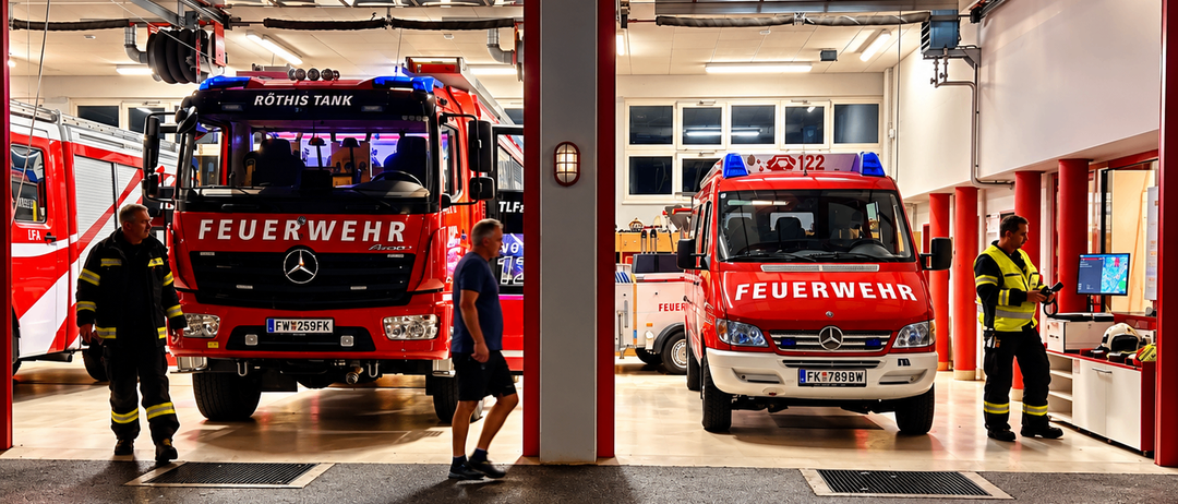 Zwei Feuerwehrfahrzeuge sind in einer Garage geparkt. Eines ist mit 'ROTHIS TANK' und das andere mit 'FEUERWEHR 122' beschriftet. Ein Mann geht vorbei, und ein anderer steht bei einer Säule.