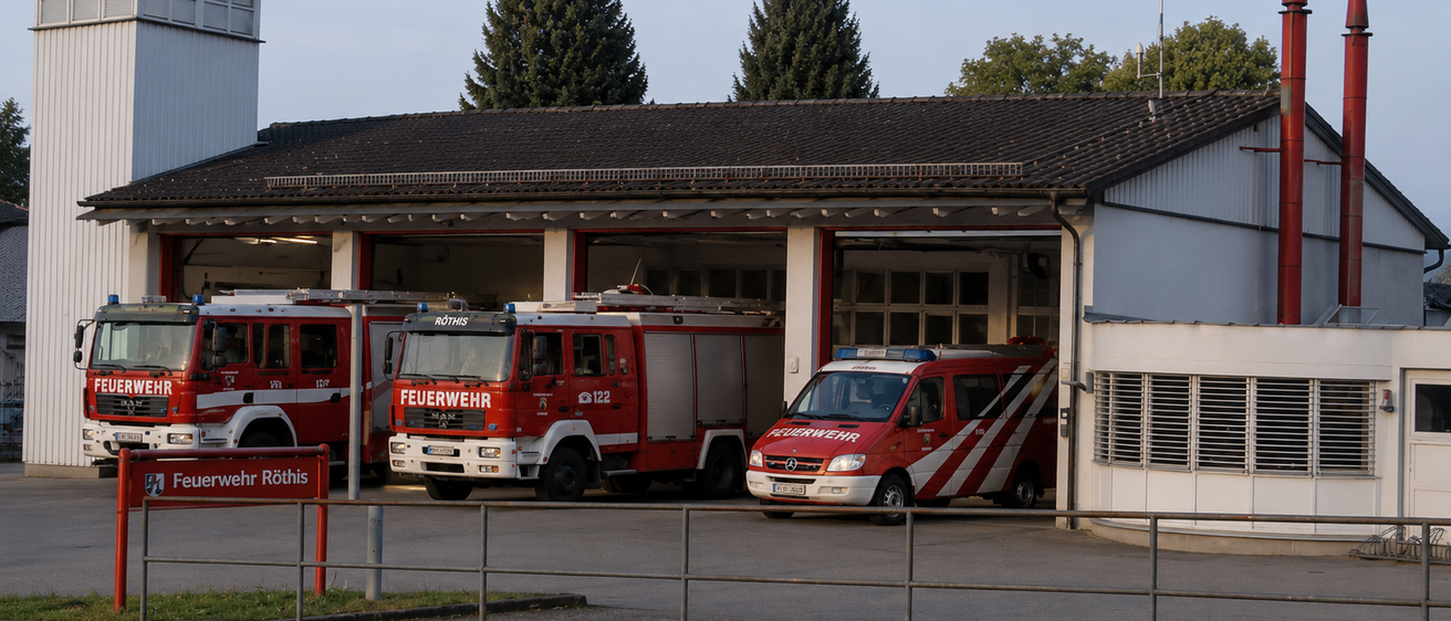 Zwei rote Feuerwehrfahrzeuge sind vor einer Feuerwache geparkt. Die Fahrzeuge stehen in separaten Garagen. Vor der Wache befindet sich ein Metallzaun.