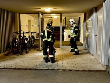 Drei Feuerwehrleute in voller Ausrüstung stehen im Eingang eines Gebäudes, einer hält Ausrüstung, Fahrräder geparkt in der Nähe.