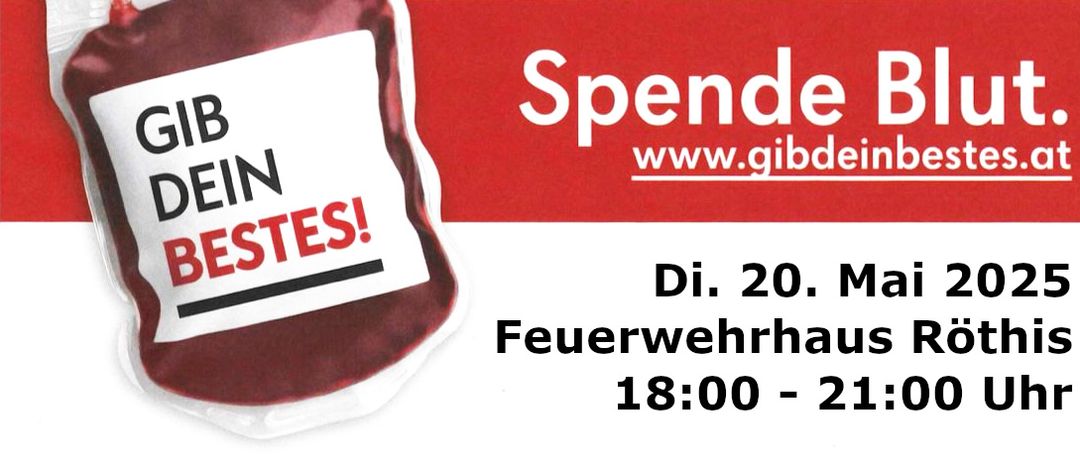 Blutspende-Poster mit der Botschaft 'Spende dein Bestes!' und den Veranstaltungsdetails: 'Di. 20. Mai, 18:00 - 21:00, Feuerwehrhaus'