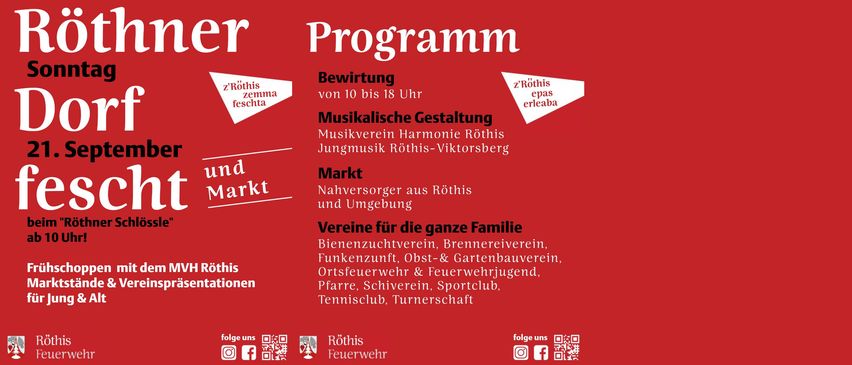 Plakat für eine Programmveranstaltung mit Musik von Musikverein Harmonie Röthis und Jungmusik Röthis-Viktorsberg. Der Markt umfasst Lebensmittelanbieter aus Röthis und Umgebung. Verschiedene familienorientierte Vereine und Organisationen sind aufgeführt. QR-Code für weitere Informationen.
