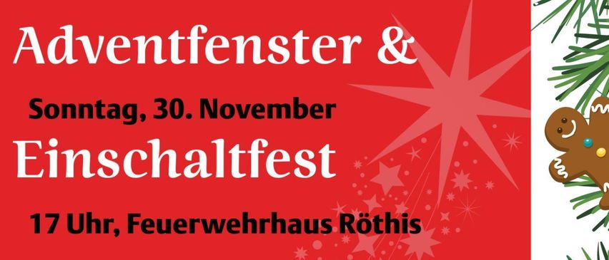 Eine Werbung für das Adventfenster und Sonntag, 30. November, Einschaltfest in der Feuerwehr Rothis. Es zeigt einen roten Hintergrund mit Sternen und einem weißen Pfeil nach rechts. Der Text ist auf Deutsch.
