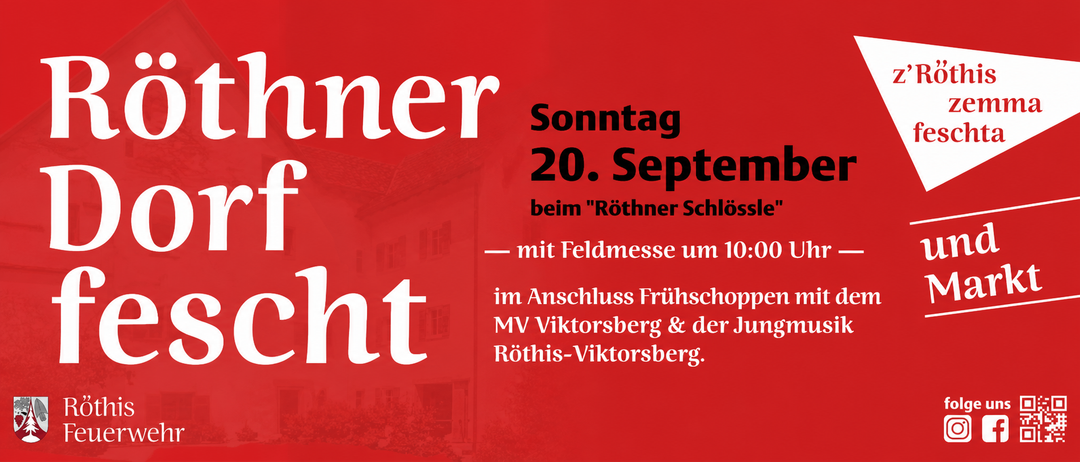 Ein Plakat mit rotem Hintergrund zeigt den Text 'Sonntag 20. September' und 'beim Rothner Schlossle' mit einer Feldmessezeit von 10:00.