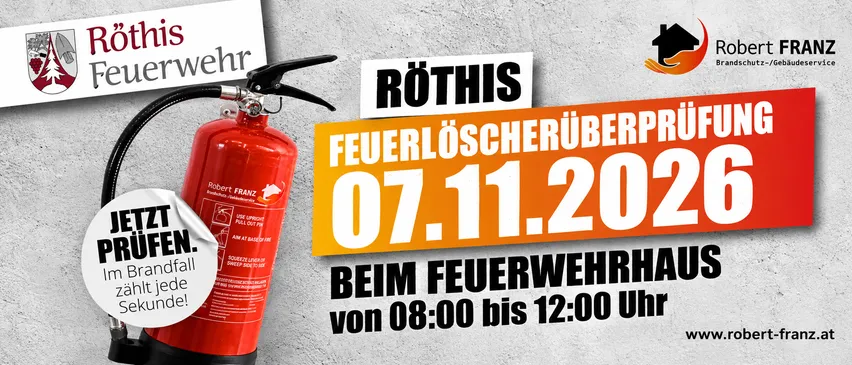 Ein roter Feuerlöscher wird auf einem grauen Hintergrund gezeigt. Er ist mit dem Datum 07.11.2026 und dem Text 'JETZT PRÜFEN.' beschriftet. Es gibt einen weißen Aufkleber mit dem Text 'Im Brandfall zählt jede Sekunde!' und einem Logo für Robert Franz.
