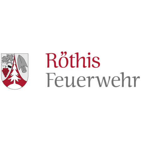 Das Logo für Rothis Feuerwehr zeigt einen roten Schild mit einem weißen Baum und Trauben auf schwarzem Hintergrund. Der Text 'Rothis Feuerwehr' ist in fetter roter Schrift geschrieben.