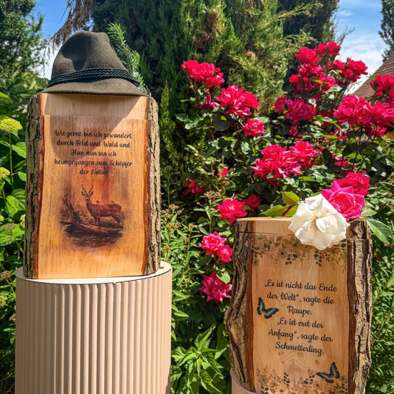 Zwei hölzerne Gedenksteine mit eingravierten Texten stehen in einem Garten. Einer hat eine Hirschillustration und einen Hut obenauf. Der andere hat einen Schmetterling und eine weiße Blume.