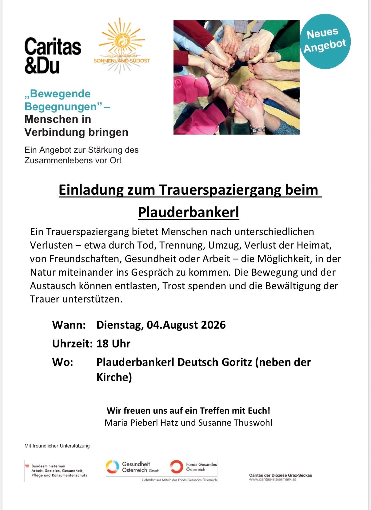 Plakat für einen Trauerspaziergang bei Pluderbankle mit einem Bild von Händen, die sich halten. Die Veranstaltung wird von Maria Pieberl Hatz und Susanne Thuswohl organisiert. Datum: Dienstag, 04. August 2026, Zeit: 18 Uhr, Ort: Pluderbankle Deutsch Gorlitz.