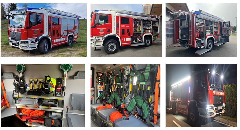 Eine Collage von sechs Bildern, die einen Feuerwehrwagen aus verschiedenen Blickwinkeln und seine Innenausstattung zeigt. Das erste Bild zeigt die Vorderseite des Trucks, das zweite die Seite, das dritte die Rückseite mit offenen Türen, das vierte zeigt das Innere mit verschiedenen Geräten, das fünfte zeigt das Innere mit der Hand einer Person und das sechste zeigt die Vorderseite des Trucks bei Nacht mit eingeschalteten Lichtern.
