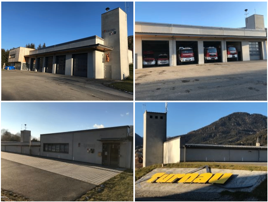 Eine Collage aus vier Bildern, die ein Feuerwehrhaus zeigt. Das erste Bild zeigt das Äußere des Feuerwehrhauses mit einem Turm und einer Statue. Das zweite Bild zeigt das Innere des Feuerwehrhauses mit geparkten Feuerwehrwagen. Das dritte Bild zeigt das Äußere des Feuerwehrhauses mit einem Gebäude und einem Berg im Hintergrund. Das vierte Bild zeigt das Wort 'Turnau' in Gelb auf einem Hang geschrieben.