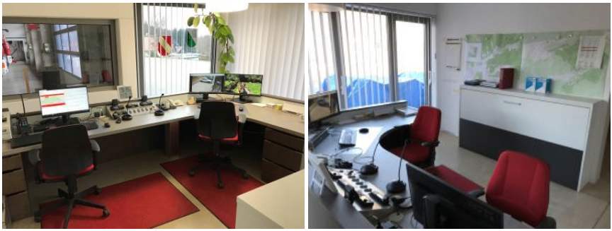 Zwei Bilder eines Büros mit mehreren Computerbildschirmen, roten Stühlen und verschiedenen Bürogeräten. Das erste Bild zeigt einen Schreibtisch mit Monitor, Tastatur und Maus. Das zweite Bild zeigt ein größeres Büro mit mehreren Schreibtischen und Monitoren.