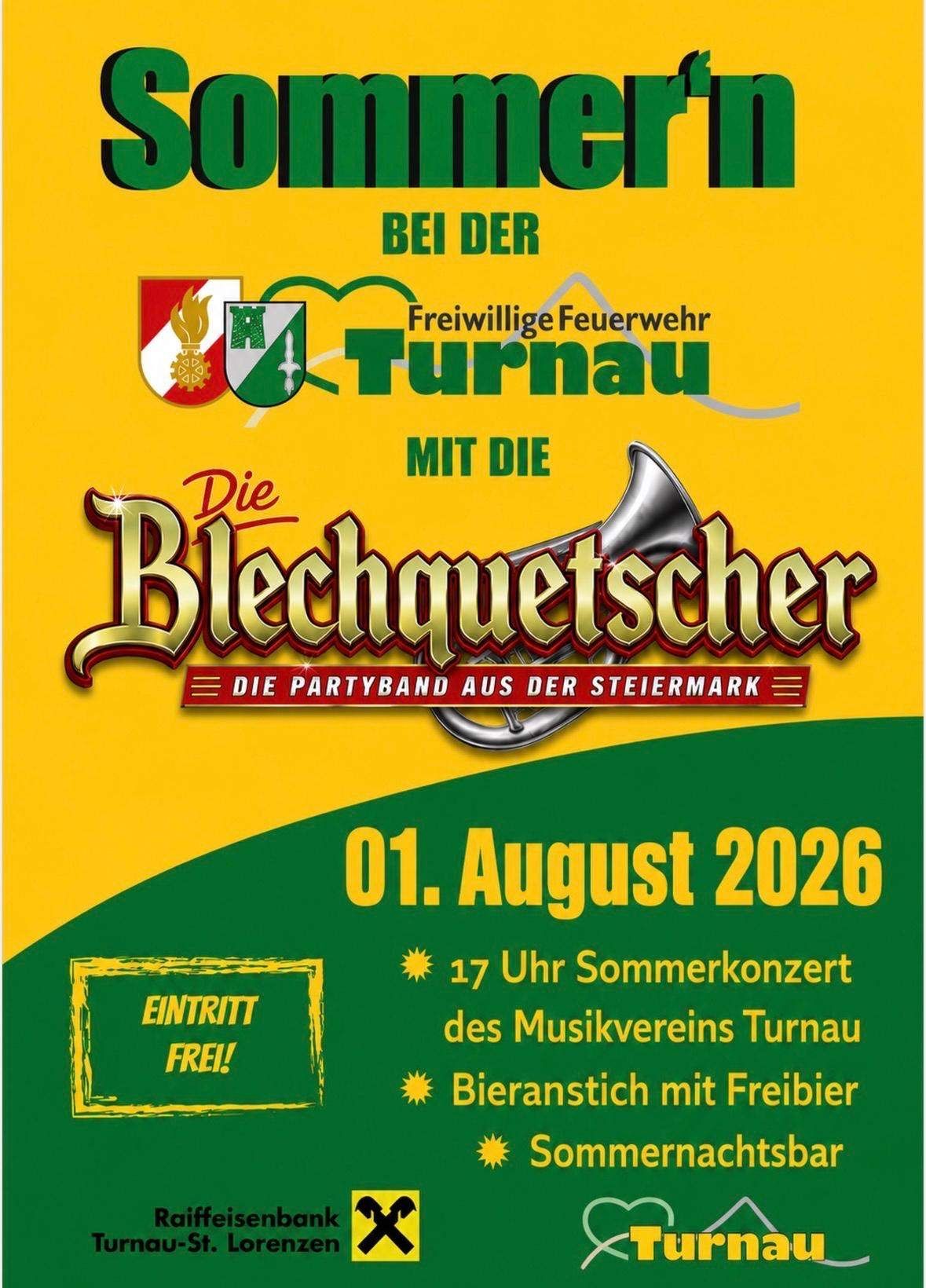 Plakat für ein Sommerkonzert am 1. August 2026 mit der Blechquetscher Band, mit freiem Eintritt und Bierstand.