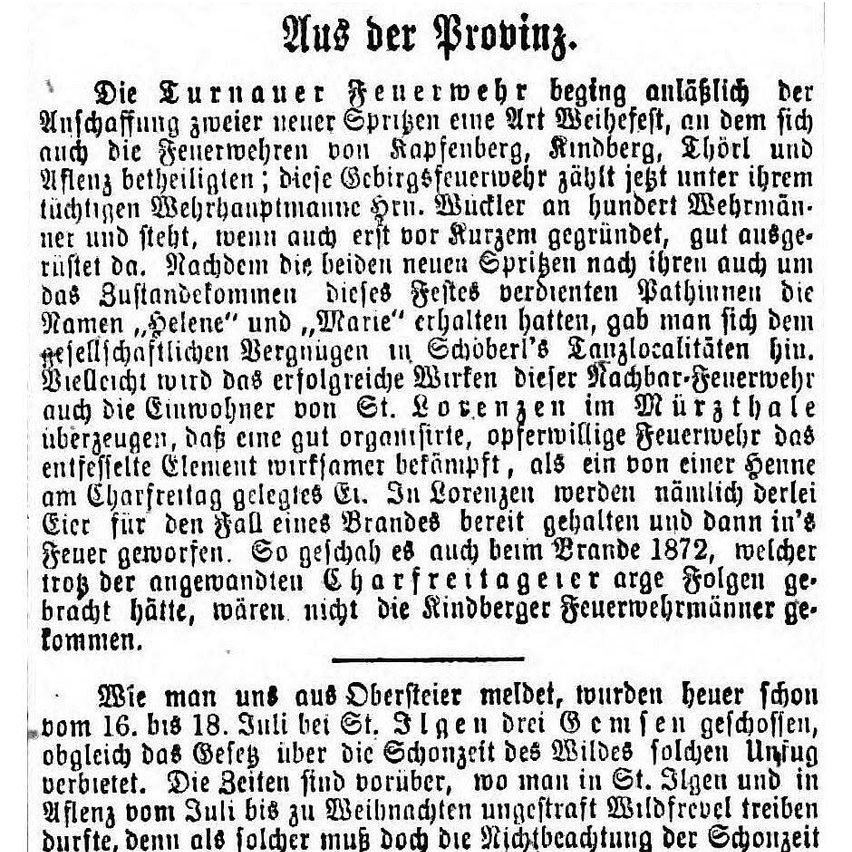 Ein altes Dokument mit deutschem Text über die Gründung einer Feuerwehr in der Stadt St. Lorenzen. Es handelt von der Gründung der Feuerwehr, dem Erwerb neuer Ausrüstung und der Teilnahme von Feuerwehrleuten aus nahegelegenen Städten.