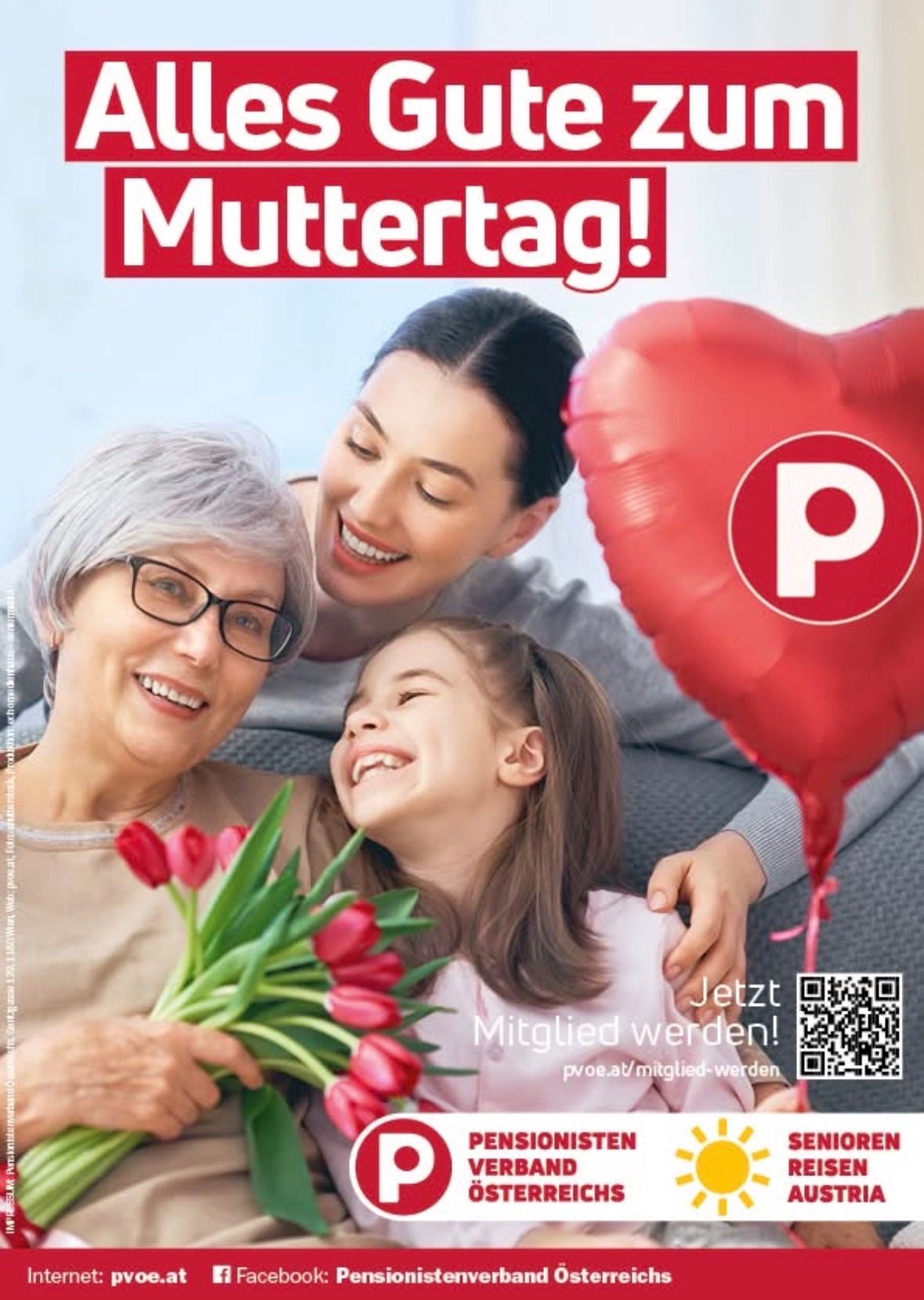 Eine drei Generationen umfassende Familie lächelt, bestehend aus Großmutter, Mutter und Tochter, mit Blumen, einem Herzballon und einem QR-Code. Sie wirken fröhlich, wahrscheinlich zur Feier des Muttertags.