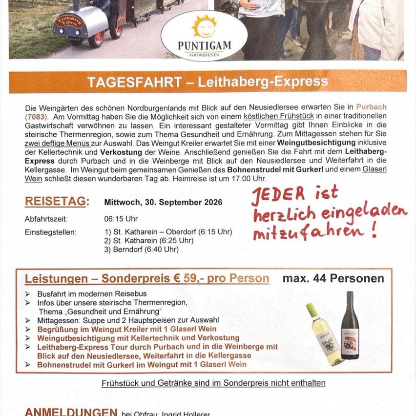 Ein Flyer für eine Tagesfahrt mit dem Leitaberg-Express, einer Zugreise durch die Nordburgenländische Region, mit einem modernen Zug, malerischen Ausblicken und Weinverkostung. Die Fahrt beinhaltet Frühstück, eine Tour, Weinverkostung und einen geführten Spaziergang durch die Weinberge. Abfahrtszeiten und -orte sind aufgeführt.