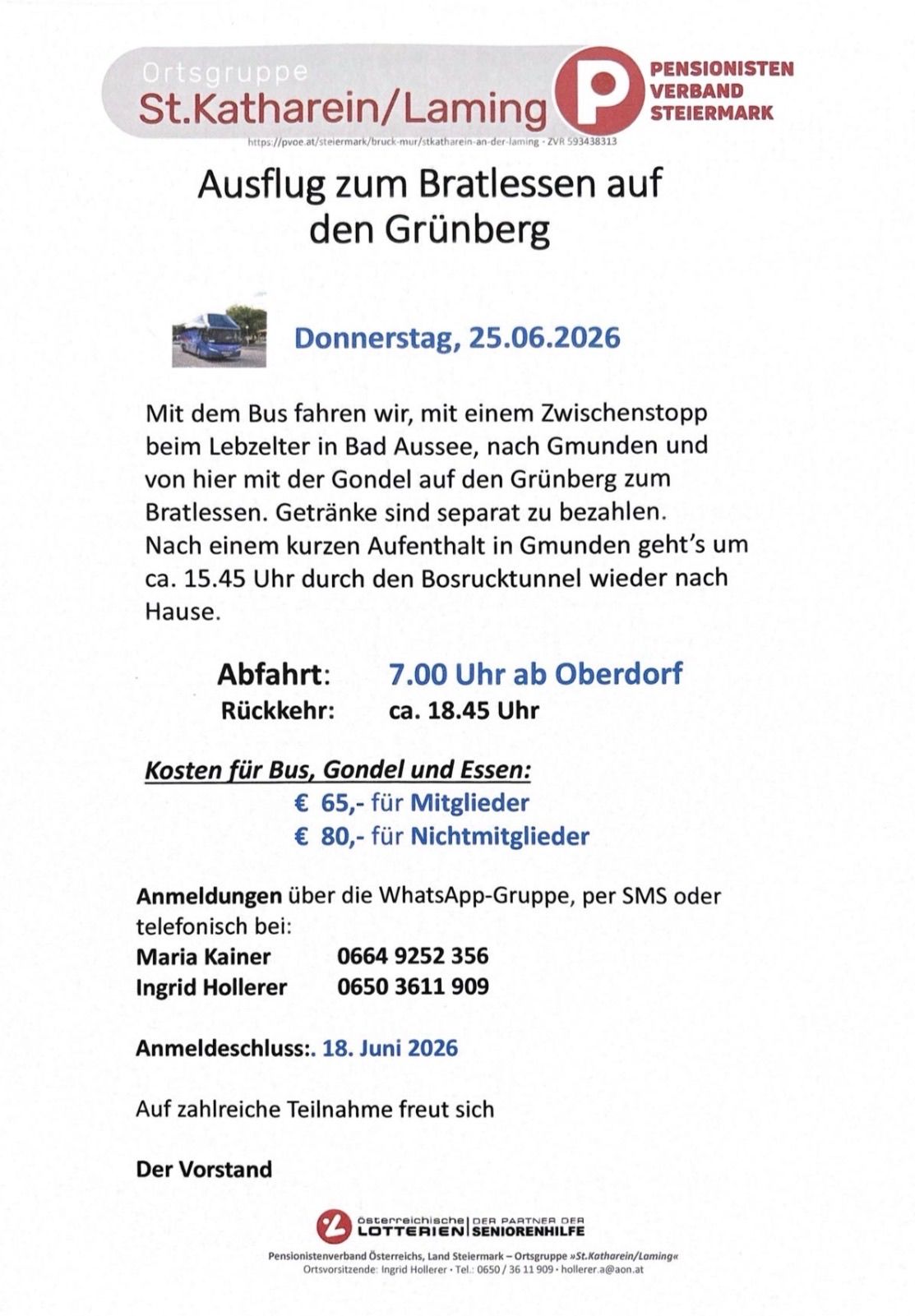 A bus trip is planned for June 25, 2026, departing at 7:00 AM from Oberdorf. The journey includes a stop at Lebzelter in Bad Aussee, a gondola ride to Grünberg, and a lunch break. Registration closes on June 18, 2026.
