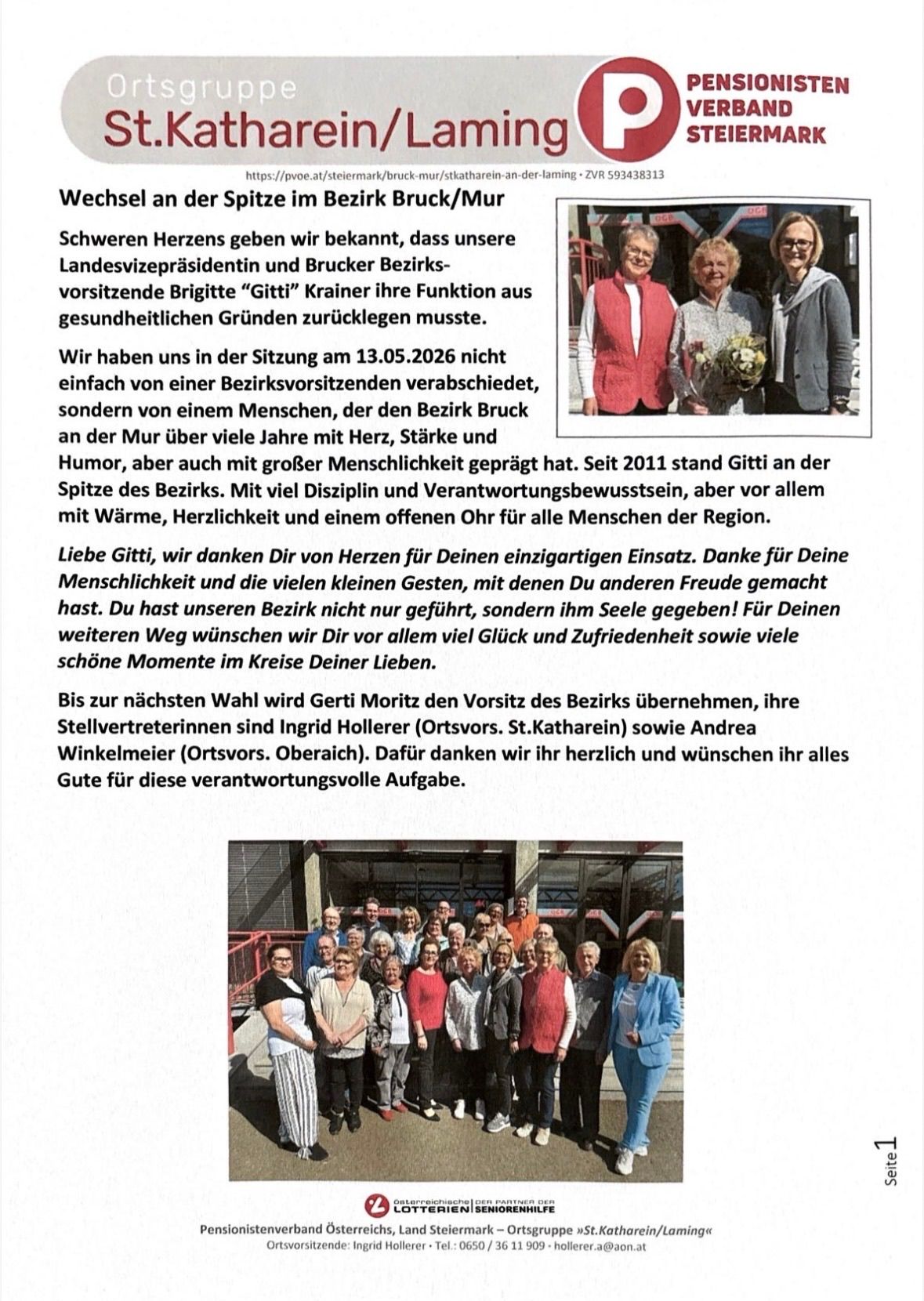 The image shows a heartfelt farewell to Brigit, the former district president, who is stepping down due to health reasons. It includes a photo of her with colleagues and a heartfelt message thanking her for her dedication. Gertie Moritz is set to take over the position.