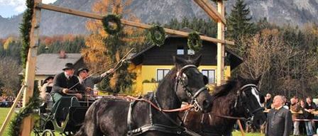Zwei schwarze Pferde ziehen eine Kutsche mit Menschen darauf auf einem Feld mit Bergen im Hintergrund.