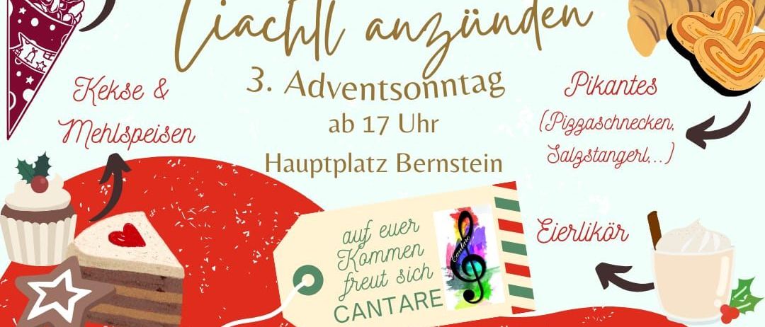 Eine Illustration mit drei Kindern in Rot, einem Kranz, einer Kerze und den Worten 'Lichter anzünden'. Ein Becher, Kekse und ein Kuchen sind ebenfalls abgebildet.