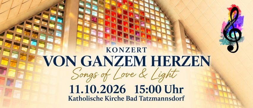 Ein farbenfrohes Buntglasfenster mit einem farbenfrohen Mosaikdesign. Der Text lautet 'KONZERT IN GANZEM HERZ Songs of Love & Light' und das Datum und die Uhrzeit der Veranstaltung sind unten angezeigt.