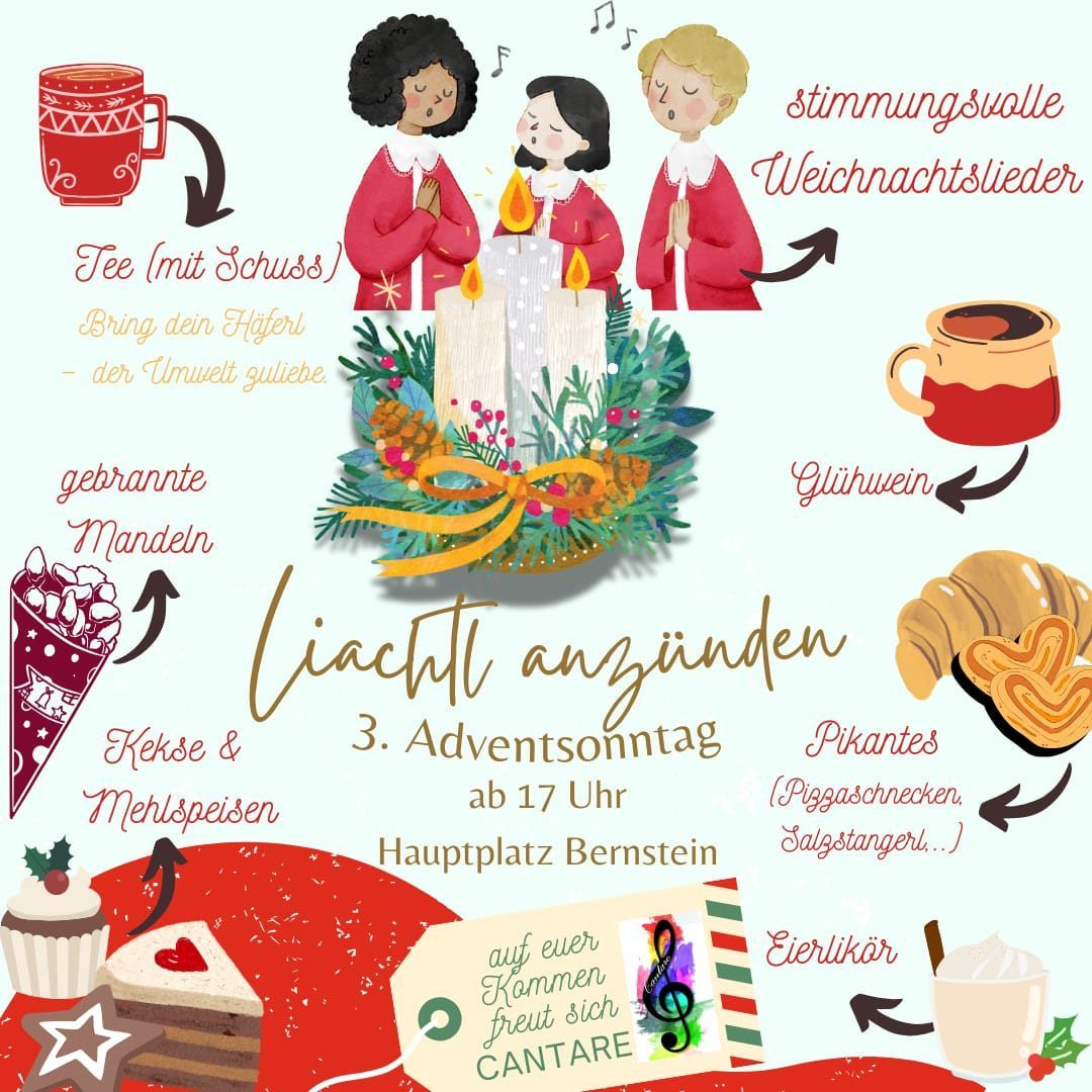 Illustration von drei Frauen, die Weihnachtslieder singen, mit Kerzen und Dekorationen um sie herum. Die Szene beinhaltet Elemente wie Tee, Glühwein, geröstete Mandeln und Gebäck. Es bewirbt eine Weihnachtsveranstaltung am dritten Adventssonntag um 17 Uhr am Hauptplatz Bernstein.