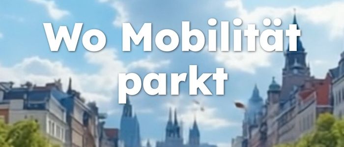 Ein schwarzes Fahrrad ist in einem Metall-Fahrradständer auf einem gepflasterten Bürgersteig geparkt, mit einer Stadtsilhouette im Hintergrund. Der Text 'Wo Mobilitat parkt' ist über dem Fahrrad angezeigt.