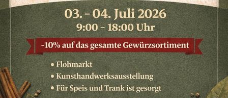 Tag der offenen Tür bei KROPF. 3.-4. Juli 2026, von 9 bis 18 Uhr. 10% Rabatt auf das gesamte Gewürzsortiment. Flohmarkt, Kunsthandwerksausstellung, Essen und Getränke inklusive. Marcel Kropf, Christian Kropf, Schmiedgasse 5, 8504 Preding. Gewürze und Kräuter sichtbar.