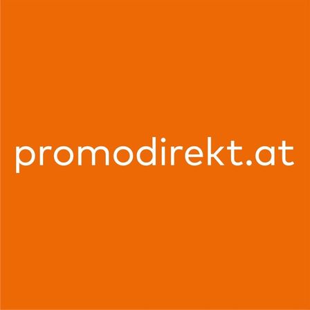 Ein orangefarbener Hintergrund zeigt den weißen Text 'promodirekt.at'.
