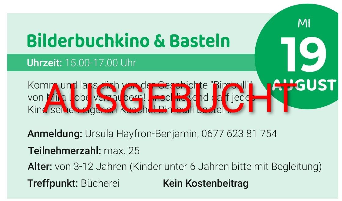 A poster for a children's activity event featuring a book reading and craft session. The event is titled 'Buchkino & Basteln' and is scheduled from 3:00 PM to 5:00 PM. The organizer is Ursula Hayfron-Benjamin, and the maximum number of participants is 25. The event is free of charge.