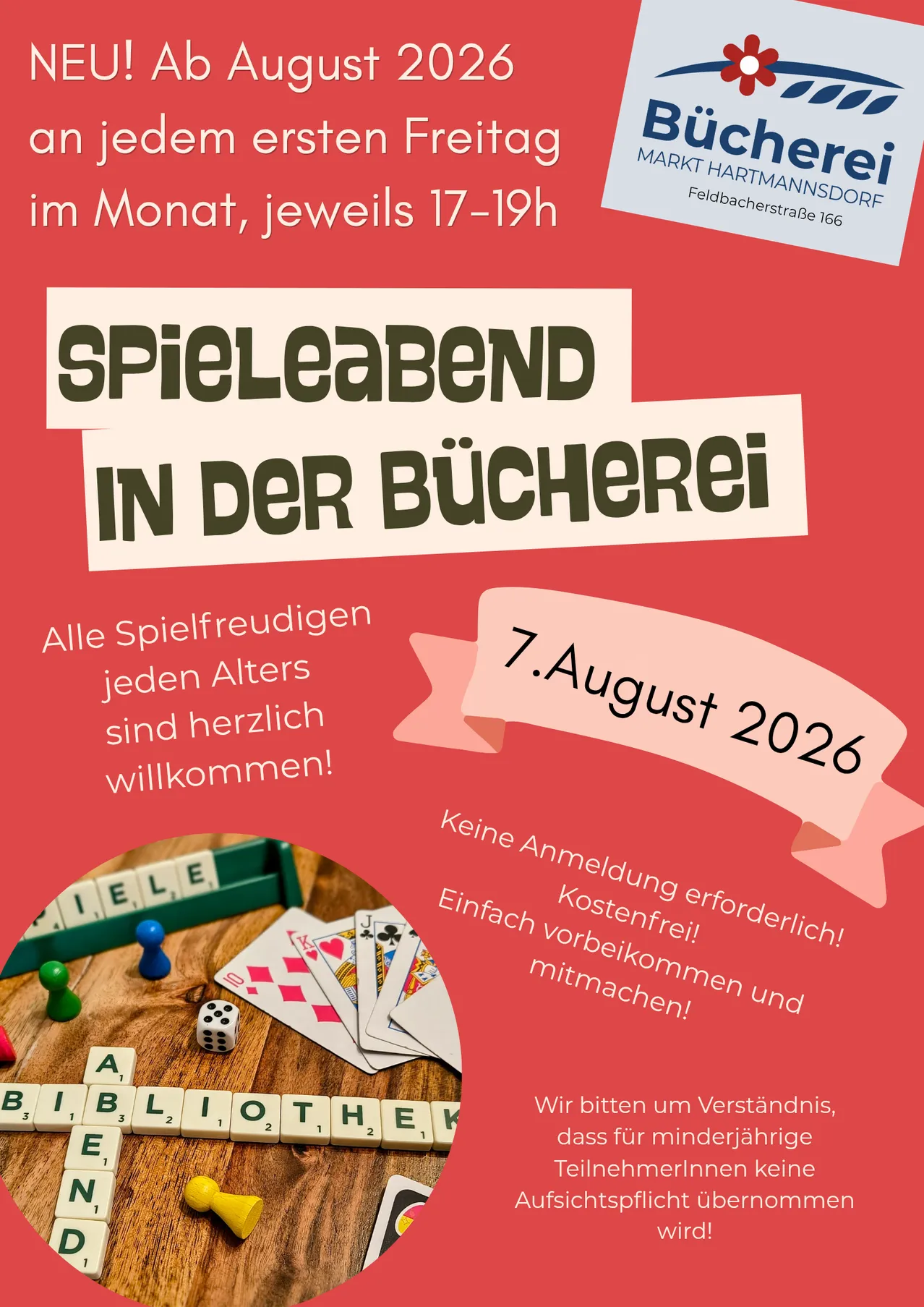 Plakat für Spielabend in der Bucherei, das alle Spielbegeisterten jeden Alters einlädt, am 7. August 2026 teilzunehmen. Keine Anmeldung erforderlich, kostenloser Eintritt und keine eigenen Spiele mitzubringen.