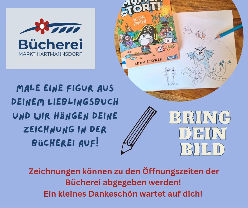 Eine Werbung für eine Buchhandlungsveranstaltung, die einen Cartoon-Buchumschlag und eine Bleistiftzeichnung zeigt, mit Text auf Deutsch, der Kinder einlädt, ihre Zeichnungen mitzubringen.