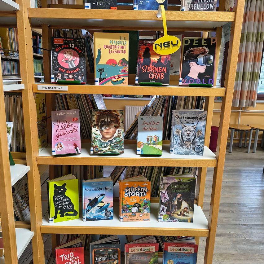 A wooden bookshelf filled with children's books, including titles like 'Liebe gesichtet' and 'Das Geheimnis der Luchse.' A yellow tag with the word 'NEU' is attached to one of the books.