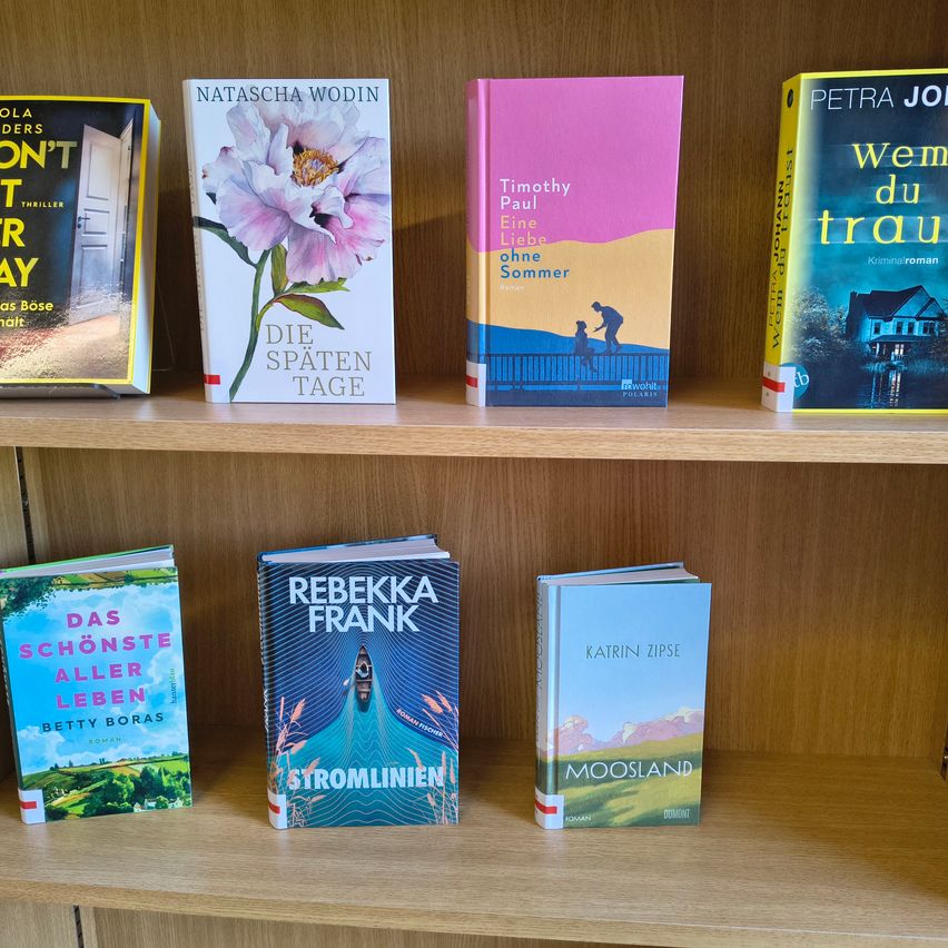 A wooden shelf displays six books: 'Don't Turn It On' by Ola, 'Die Spaten Tage' by Natascha Wodin, 'Eine Liebe Ohne Sommer' by Timothy Paul, 'Wem Du Traust' by Petra Joy, 'Das Schonste aller Leben' by Betty Boras, and 'Stromlinien' by Rebekka Frank.