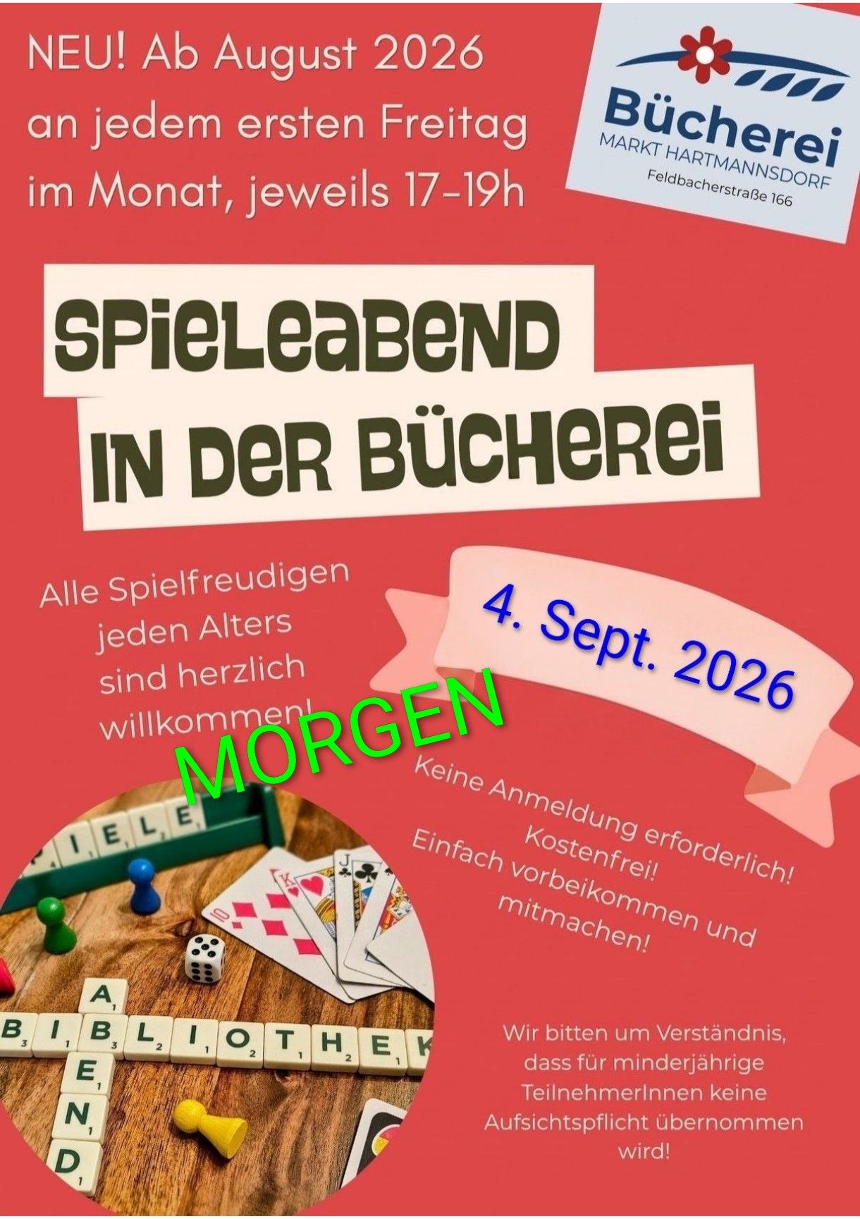 Poster for a monthly game morning at a bookstore. It features a Scrabble board, dice, and playing cards. The event is free and welcomes all ages. Date: September 4, 2026.