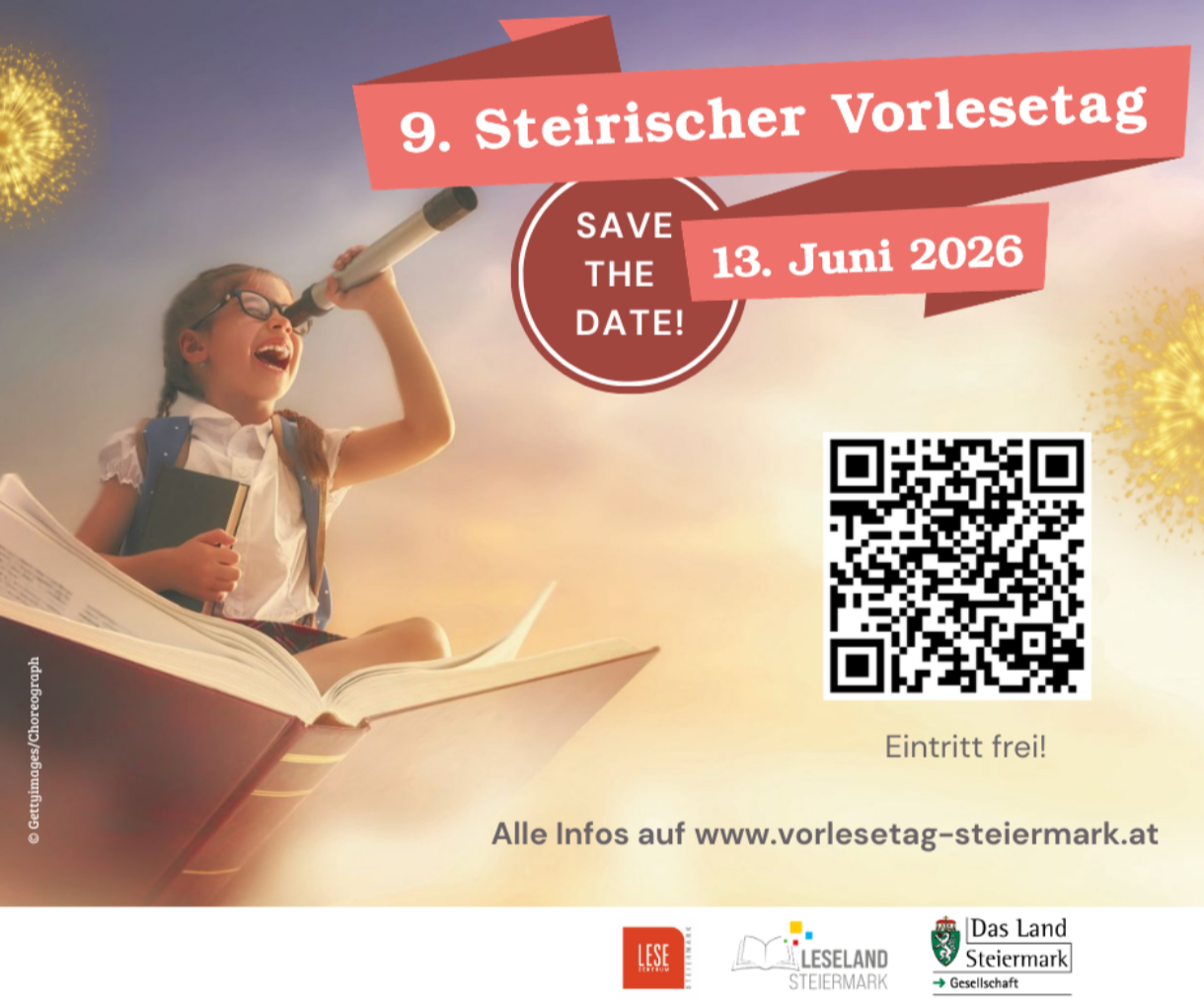 A girl reading a book with a telescope. QR code, free entrance. Save the date, June 13, 2026.