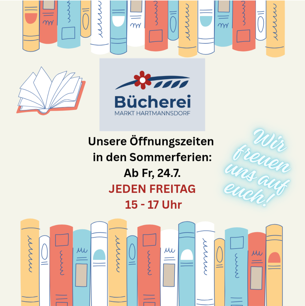 An advertisement for Bucherei Markt Hartmannsdorf bookstore, announcing opening hours during summer holidays, every Friday from 3-5 PM. The image features an open book and a stack of colorful books.