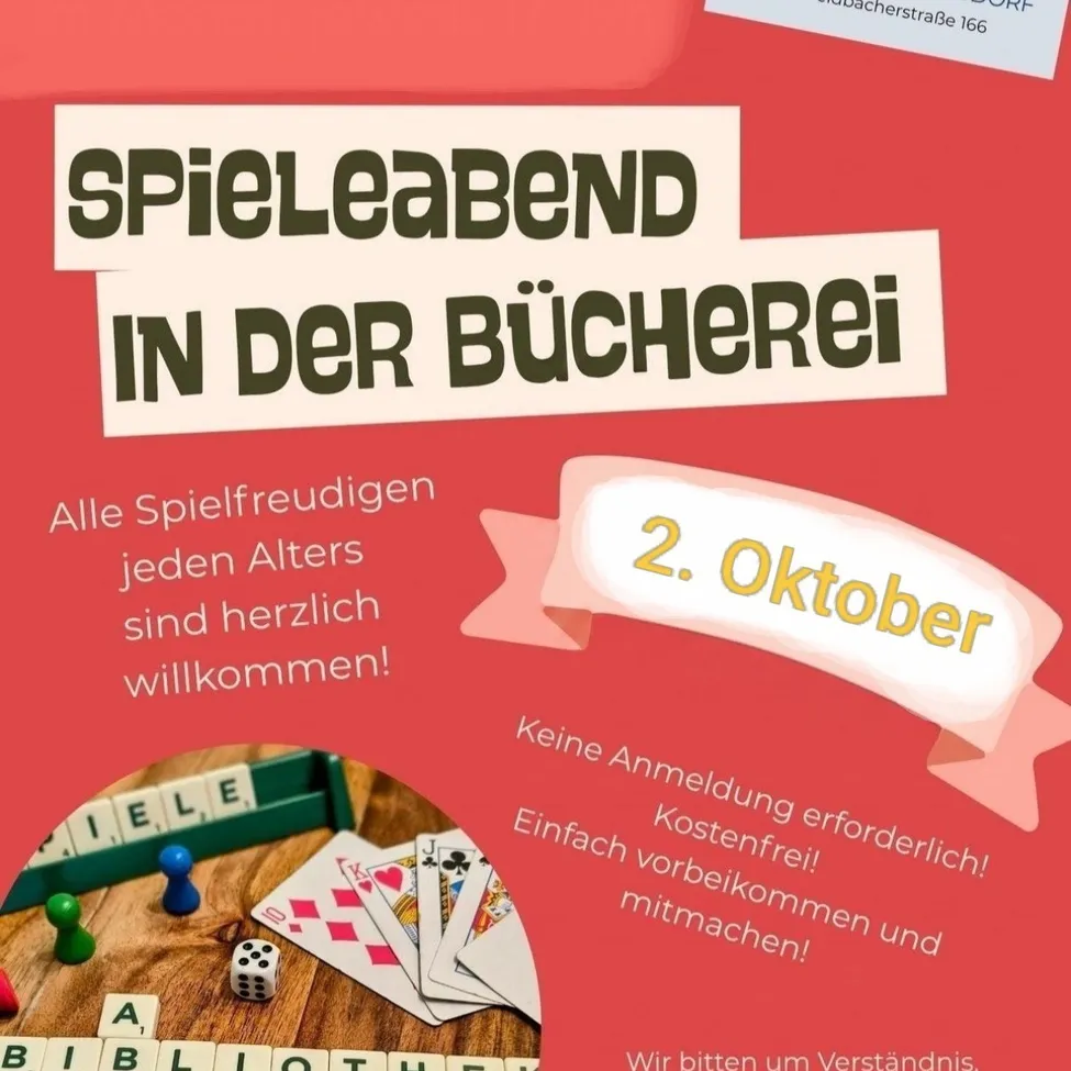 Ein Plakat, das eine Spieleabend in einer Buchhandlung ankündigt. Das Poster zeigt ein Scrabble-Brett, Spielkarten und Würfel.