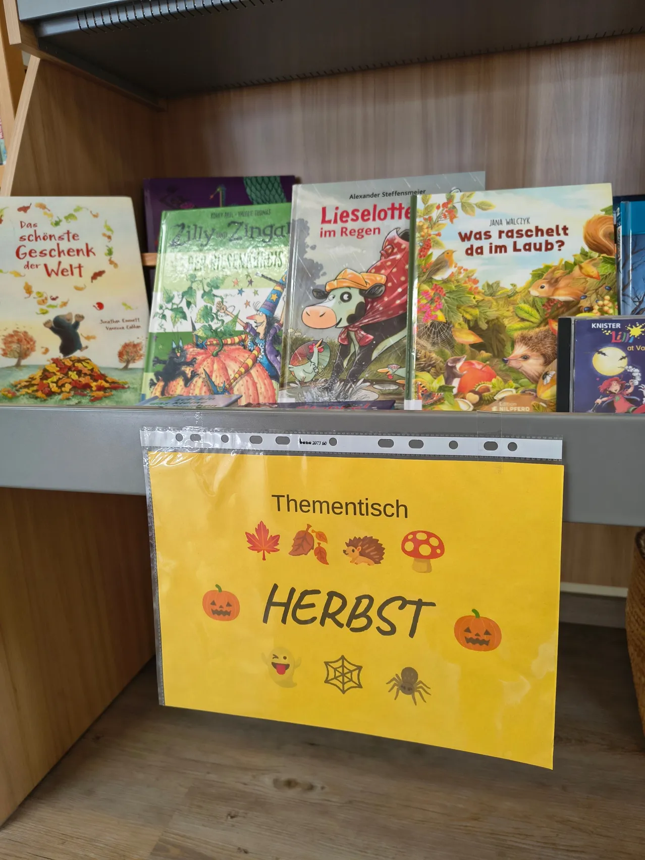 Ein Bücherregal mit verschiedenen Kinderbüchern über Herbst und Halloween. Die Bücher sind in einer Reihe angeordnet, und ein gelbes Schild mit dem Wort 'Herbst' hängt davor.