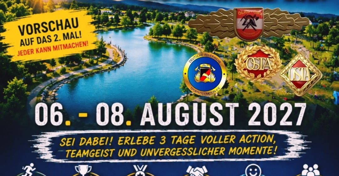 Plakat für die Gamlitz Motorpark 2027 Veranstaltung, mit einem See, Bergen und verschiedenen Symbolen für Sport, Wettbewerbe, Kameradschaft, Spaß und Freundschaft. Die Veranstaltung ist für den 6. bis 8. August 2027 geplant.