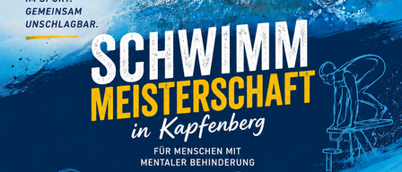 Plakat für eine Schwimmveranstaltung in Kapfenberg, mit einem Schwimmer in Schwimmbrille, Details zu Datum, Ort und Werten wie Teilnahme, Respekt, Potenzial und Freude.