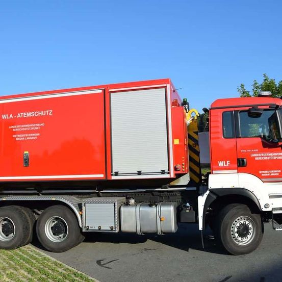 Ein roter Feuerwehrwagen mit 'WLA Atemschutz' auf der Seite, am Straßenrand geparkt.