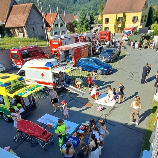 Eine Luftaufnahme einer Notfallszene mit mehreren Rettungsfahrzeugen und Personal, das Patienten auf Tragen und Decken versorgt.