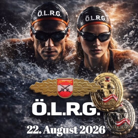 Zwei Schwimmer in Schwimmbrillen und Mützen mit den Buchstaben O.L.R.G. darüber, schwimmen im Wasser mit Medaillen im Vordergrund. Das Datum 22. August 2026 ist angezeigt.