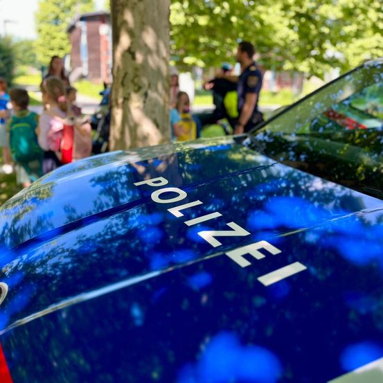 Ein Polizeiauto mit dem Wort 'POLIZEI' auf der Motorhaube, geparkt in einem Park mit Menschen und Bäumen im Hintergrund.